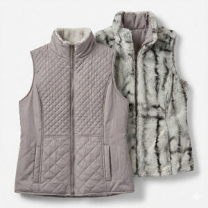 Reversable Faux Fur Vest Womens Medium Gray Black Winter Fall Layer Elevated